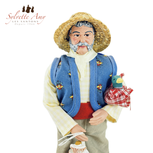 L'Homme au Canard et à la Poule - Santons Habillés 25cm Sylvette Amy Aubagne - Vu de Près