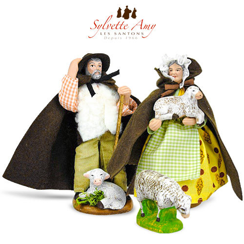 Le Berger, La Bergère et les moutons - Collection Santons Habillés 15 cm Sylvette Amy