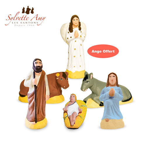 La Nativité Santons 7 cm MArie - Jésus - Joseph - Âne - Boeuf. L'Ange est offert pour l'achat de la nativité