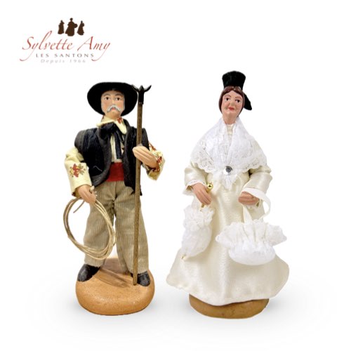 Gardian et Arlésienne Robe Blanche - Santons 15cm - Sylvette Amy Aubagne