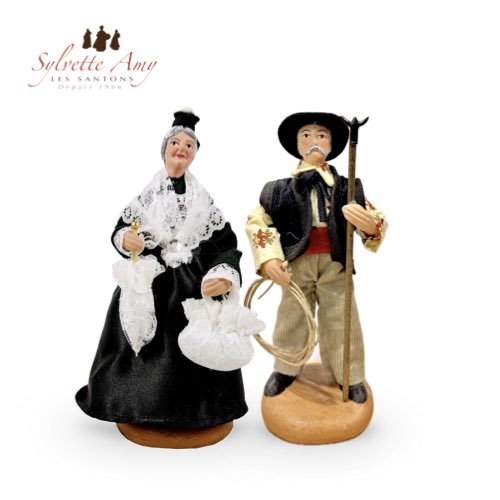 Gardian et Arlésienne Robe Noire - Santons 15cm - Sylvette Amy Aubagne
