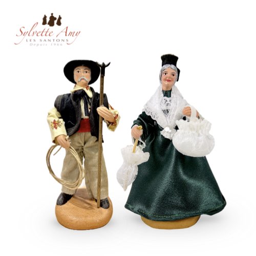 Gardian et Arlésienne Robe Verte - Santons 15cm - Sylvette Amy Aubagne