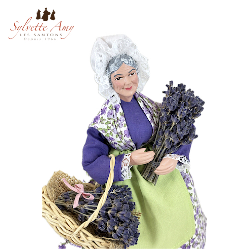 Femme au 2 Bouquets de Lavande - Santons Habillés 25 cm Sylvette Amy - Aubagne - Vue de près